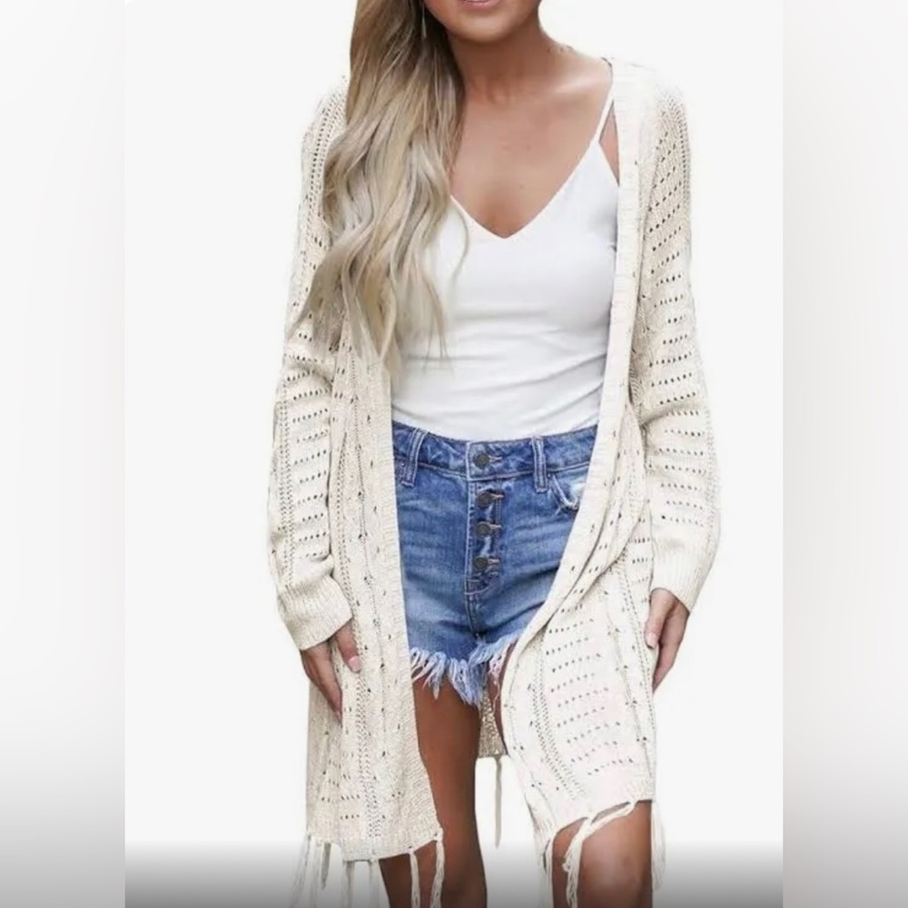 Lightweight Knit Open Front Crochet Tassel Long Sleeve Loose Sweater Size Small